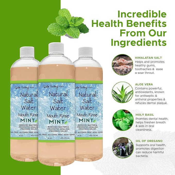 3 Pack Natural Saltwater Mouth Rinse | Himalayan Pink Salt Water Oral Rinse | Organic Refreshing Mint Flavor Fluoride &amp Alcohol Free Mouthwash for Fresh Breath | Natural Gum Care Mouthwash-16 FL O