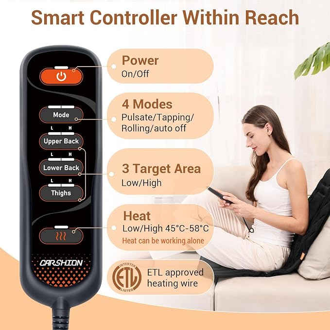 Back Massager with HeatHeated Seat Cover Cushion with 5 Vibrating Massage Nodes Chair Pad for Pain Relief Home Office Use