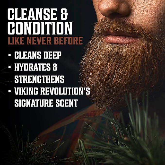 Viking Revolution Beard Wash &amp Beard Conditioner Set with Argan &amp Jojoba Oils - Softens and Strengthens - Natural Sandalwood Scent - Beard Shampoo with Beard Oil (17 oz)