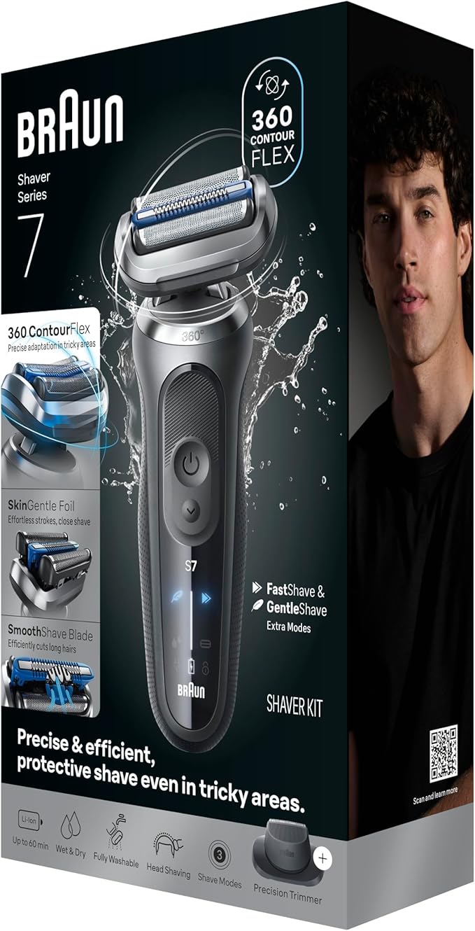 Braun Electric Shaver for Men Series 7 7120s Wet &amp Dry Shave Turbo &amp Gentle Shaving Modes Waterproof Foil Shaver with Precision Trimmer Space Grey