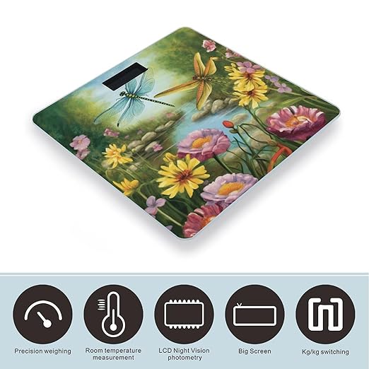 Dragonfly Garden Spring Bathroom Scale for Body Weight Bathroom Digital Electronic Weighing Scale with Back Lit LED Display Sturdy Tempered Glass Weight Watchers Scales 400lb