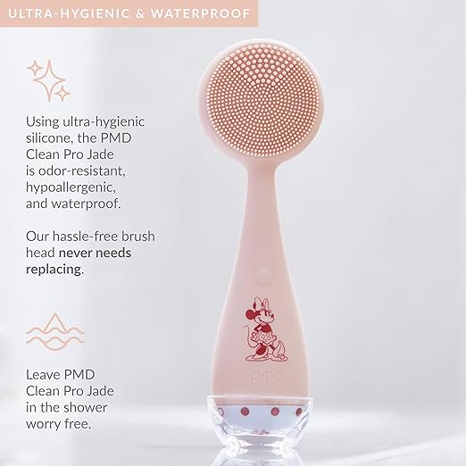 PMD Beauty x Disney Minnie Mouse Clean Pro Jade-Smart Facial Cleansing Device with Silicone Brush &amp Gemstone ActiveWarmth Anti-Aging Massager-Waterproof-SonicGlow Vibration-Clear Pores &amp Black