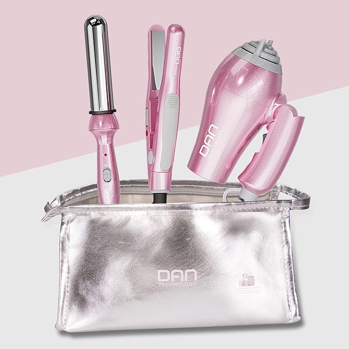 DAN Technology Hair Styling Set Including Travel Hair Dryer Mini Flat Iron and Travel Curling Iron with European Plug Dual Voltage Portable Storage Bag Pink
