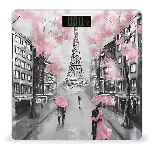 Paris Street Eiffel Tower Pink Floral Scale for Body Weight Anti-Slip Sturdy Tempered Glass Weighing Machine Highly Digital Accurate Bright LCD Bathroom Scale for Household Gift