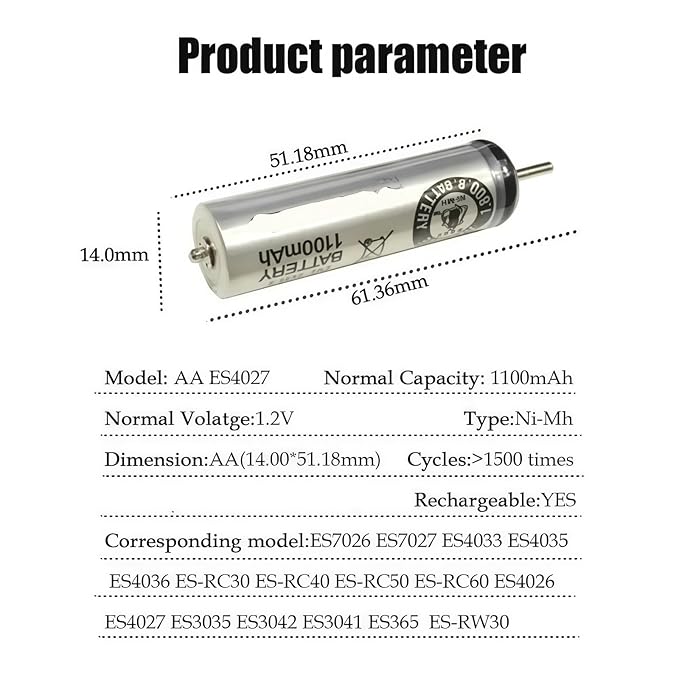 1100mAh NI-MH Electric Shaver Rechargeable Original Battery 1.2V. Compatible with Panasonic. ES7026 ES7027 ES4033 ES4035 ES4036 ES4026 ES4027(1pcs)