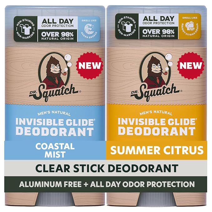 Dr. Squatch Invisible Glide Natural Men’s Deodorant – Smooth Glide No Stains – Aluminum Free Deodorant Men – Safe for Sensitive Skin – Coastal Mist + Summer Citrus 2.65oz (2-Pack)