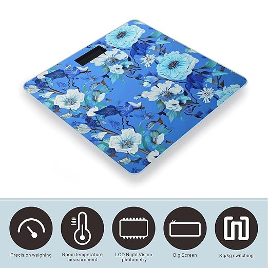 Blue Floral Scale for Body Weight Anti-Slip Tempered Glass Digital Bathroom Scales Clear LCD Display Weighing Scale Safe Rounded Corners Smart Scales