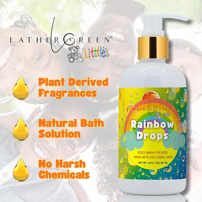 Kids Body Wash – Plant Based Gentle Moisturizer with Shea Butter – Safe for Sensitive Skin – Rainbow Drops – 3 Pack (8 oz Each)