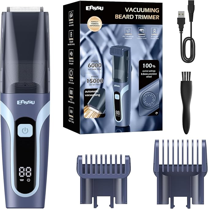 Beard Trimmer for men Vacuum Mustache Trimmer with Type-C Charging IPX7 Waterproof Electric Shaver Body Hair Trimmer for Men with LCD Display Length Adjustable Blade Wheel (1/25-4/5) (Blue)