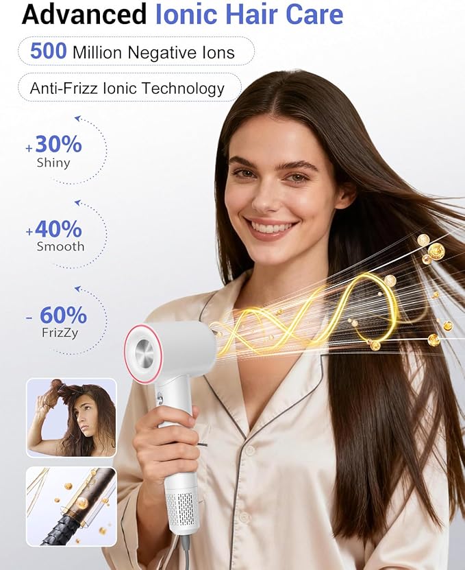 Ionic Hair Dryer 150000 RPM High-Speed Professional Blow Dryer for Fast Drying 500M Negative Ions &amp Thermo-Control Magnetic Nozzle Low Noise &amp Lightweight for Home and Travel White