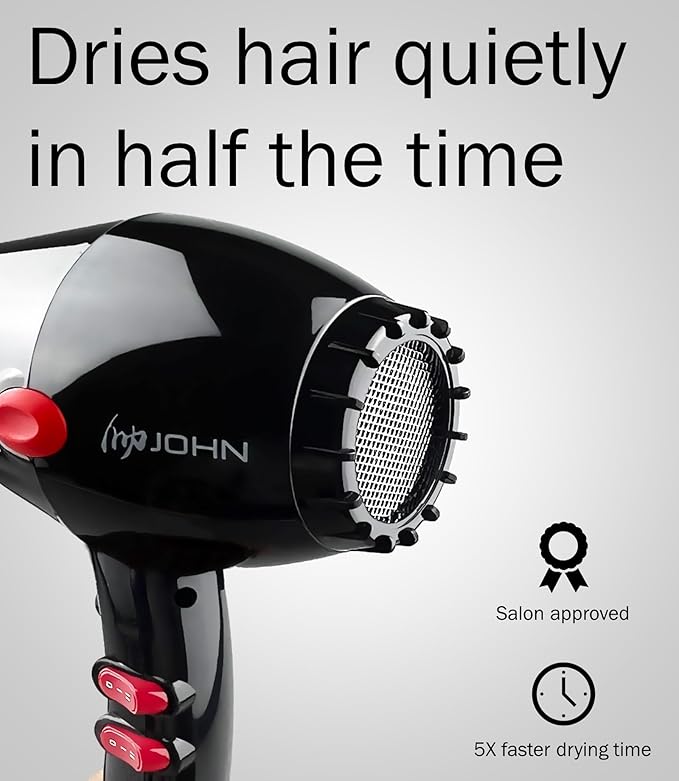 JOHN Professional Hair Blow Dryer Fast Drying Powerful 2200W Ionic for No Damage to Hair Blast Turbo 6900 Black
