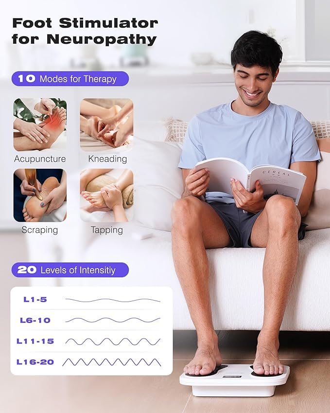 KINGJOY Foot Massager for Neuropathy Rechargeable EMS TENS Foot Stimulator with 10 Modes 20 Intensities for Circulation Plantar Fasciitis &amp Swelling Pain Relief Gifts for Women Men-White