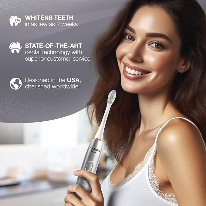 Wagner Stern IntelliBrush Series Whitening Electric Toothbrush with Pressure Sensor. Offers 4 Brushing Modes 3 intensities 8 Soft Brush Heads and a Luxury Travel case.
