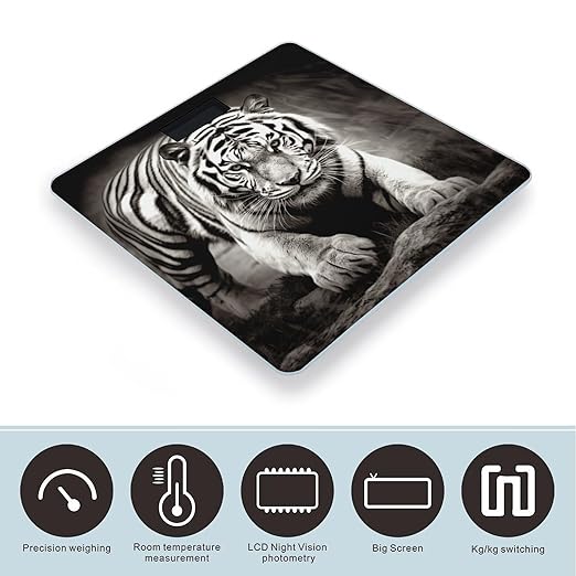Black and White Tiger Scale for Body Weight Anti-Slip Tempered Glass Digital Bathroom Scales Clear LCD Display Weighing Scale Safe Rounded Corners Smart Scales
