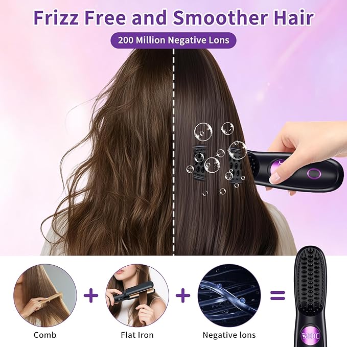 Cordless Hair Straightener Brush - Mini Portable Fast Heating Hair Straightener for Travel -USB Rechargeable Ceramic Straightening Comb with LED Display -3 Adjustable Heat Settings for Short/Long Hair