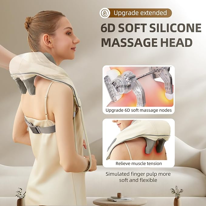 Cordless Neck Massager with Heat Electric Neck Shoulder Massager with Heat Kneading 6-Point for Deep Tissue Pain Relief Rechargeable Battery Brushless Motor