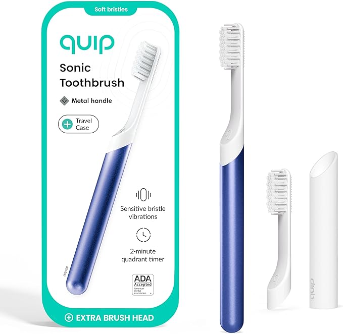 Quip Metal Sonic Electric Toothbrush for Adults - Time Travel &amp Soft Bristles with Travel Case &amp Replacement Brush Head - 3 Month Battery Life Indigo