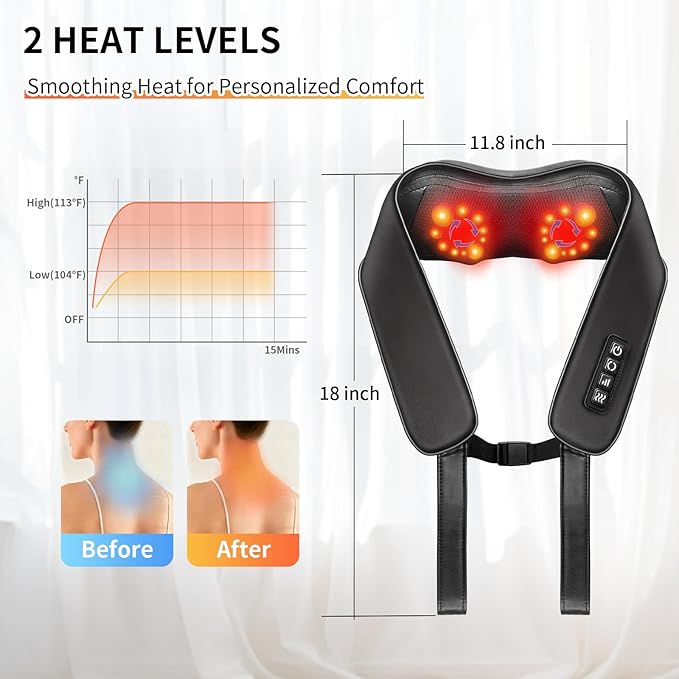 TISSCARE Neck Massager for Pain Relief Deep Tissue with 2 Heat Levels Hands-Free Shiatsu Kneading Back Massager for Shoulder &amp Whole Body Plug-in for Home Office Car Ideal Gift for Women Men