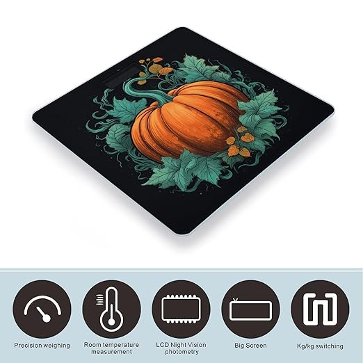 Bright Orange Pumpkin Scale for Body Weight Anti-Slip Tempered Glass Digital Bathroom Scales Clear LCD Display Weighing Scale Safe Rounded Corners Smart Scales