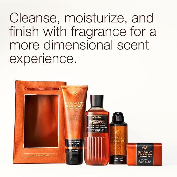 Bath &amp Body Works Men's Gift Set Mahogany Teakwood Scent – with Body Wash Bar Soap Moisturizing Cream Body Spray Men’s Grooming Collection for Gifting or Everyday Use - 1 Pack