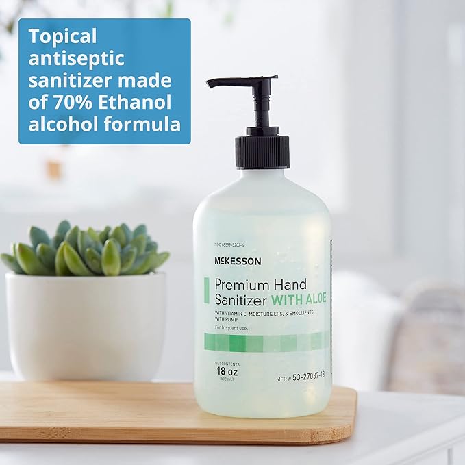 McKesson Hand Sanitizer with Aloe 18 oz Pump Bottle [Pack of 12] – Bulk 70% Ethyl Alcohol Spring Water Scent No-Rinse Gel with Vitamin E and Moisturizers Medical-Grade Sanitizer