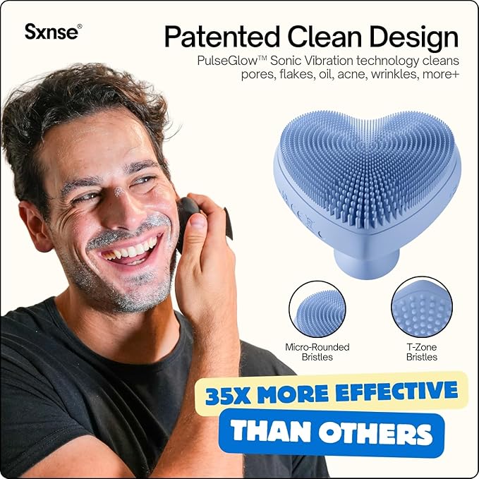Heart Face Clean Pro⁺ - Electric Silicone Facial Scrubber for Acne with 7000+ Sonic Pulses - IPX7 Waterproof Rechargeable Exfoliator with Slip-Free Grip 3 Speed Settings &amp Phthalate-Free - Arctic