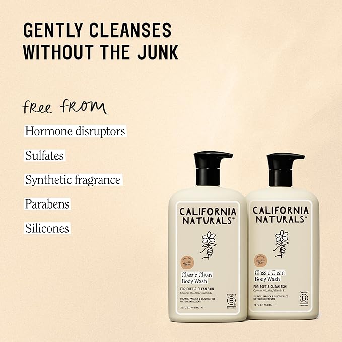 California Naturals Classic Clean Vanilla Bloom Body Wash 2-Pack Daily Cleansing Body Wash for Soft Healthy Skin Naturally Scented Vegan Cruelty Paraben &amp Sulfate Free 20 oz