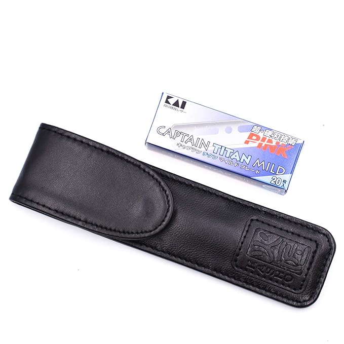 Kasho Captain Japanese Straight Edge Barbering Razor with Leather Case &amp 20 Kai Captain Blades -Compatible with Kai Captain and Feather Artist Club Razor Blades