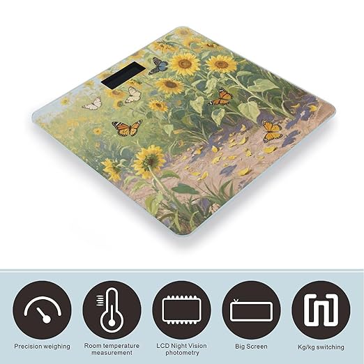 Sunflowers Print Bathroom Scale for Body Weight Bathroom Digital Electronic Weighing Scale with Back Lit LED Display Sturdy Tempered Glass Weight Watchers Scales 400lb