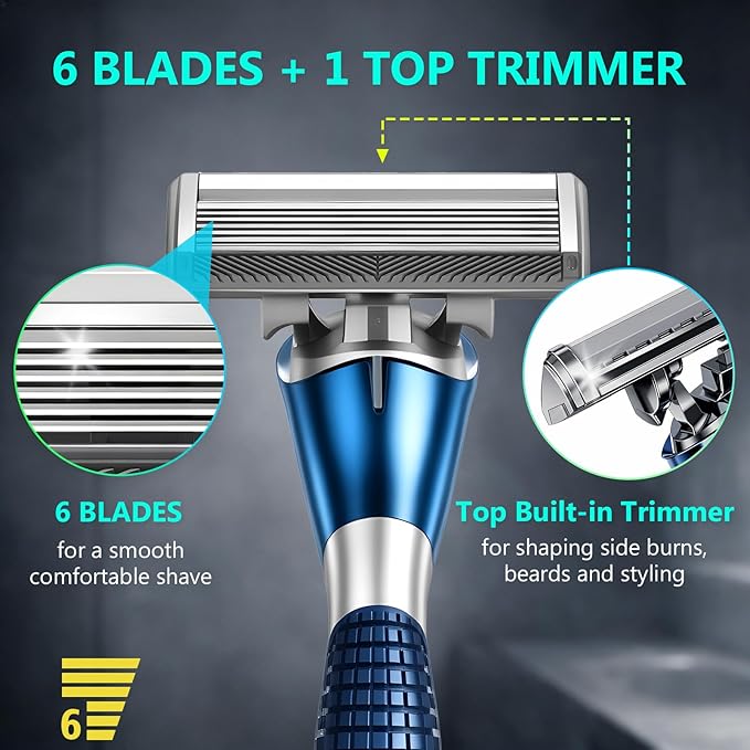 6-Blade Manual Razor for Men with Lubricating Strip 1 Ergonomic Non-Slip Handle Includes 8pack Razor Blade Refill Cartridges with Hanging Hook &amp Cleaning Brush Full Washable Design
