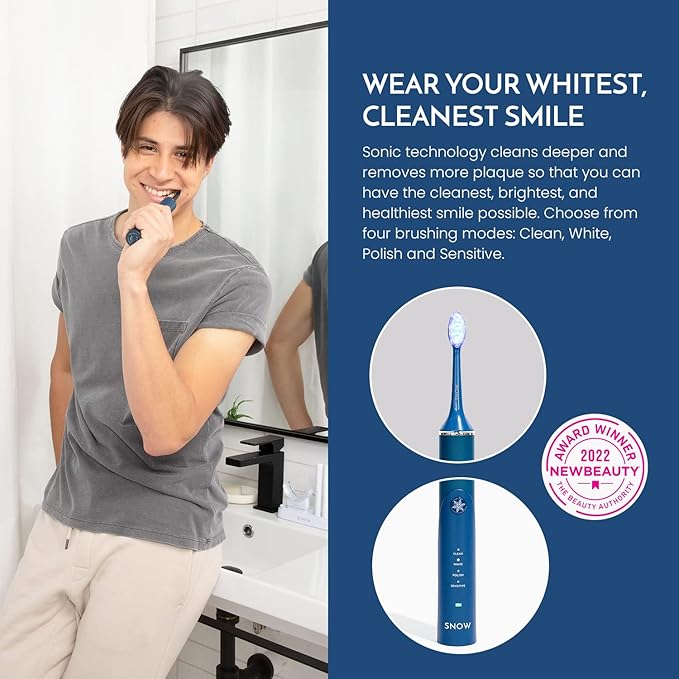 SNOW Electric Toothbrush with Sonic Technology - LED Whitening - 2 LED Brush Heads &amp 4 Brushing Modes - Rechargeable Automatic Toothbrush for Adults with Built-in Timer - Gen 1 Polar Blue