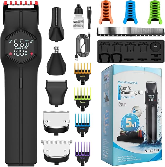 JFX Men's Beard Trimmer Electric Shaver Razor Premium Facial Hair Groomer 5 in 1 Beard Grooming Kit for Mustache Body Nose and Facial Gifts for Men