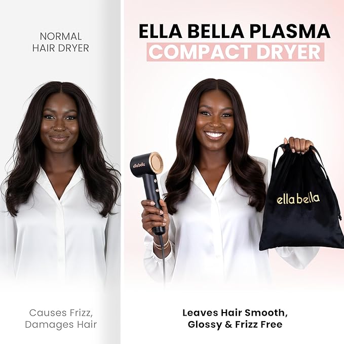 ELLA BELLA® Compact Plasma Hair Dryer Advanced Plasma Technology Blow Dryer with Digital Display Rapid Drying Low Noise &amp Luxury Velvet Travel Bag - Includes Diffuser &amp Nozzle- for All Hai