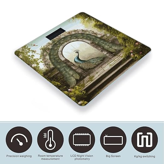 Garden Arched Door Peacock Weight Scale Digital Electronic Scales Bathroom Scale Larg LCD Backlight Display High Precision MeasurementsTempered Glass