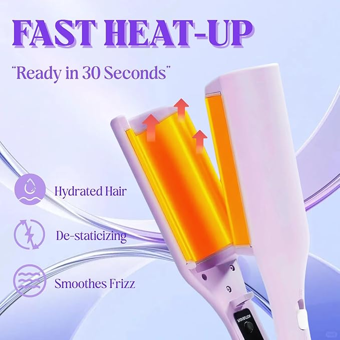 Hair Styling Tool with Negative Ionic Technology 2025 French Wave Curling Iron 3D Curling Iron for Women Fast Heat 4 Gears Lasting Beach Waves (Purple)