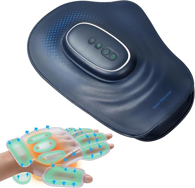 Portable Hand and Wrist Massager with Heat and Compression 3 Modes 3 Intensities and 3 Temps (100°F–116°F) Palm &amp Finger Massage Rechargeable Home Office Travel (Blue)