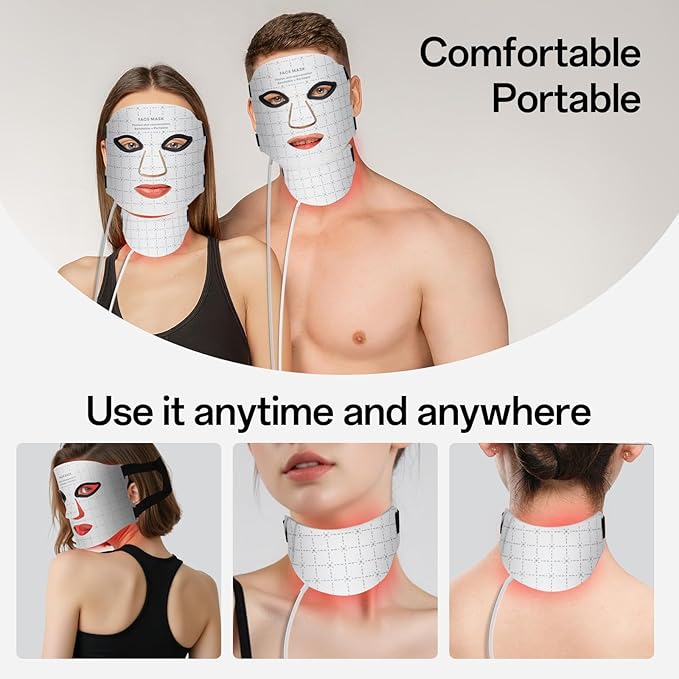 Red Light Mask for Face and Neck 7 Colors Red Light Face Mask with Rechargeable Remote Controller Flexible Portable Lightweight and Ergonomic for Home &amp Travel (White)