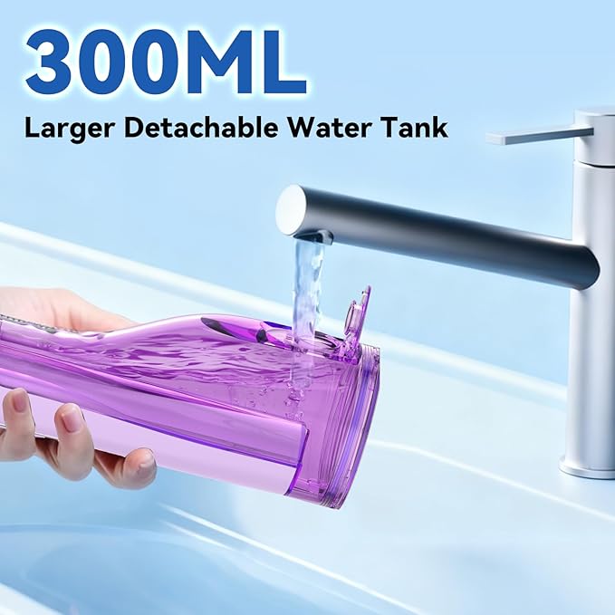 Cordless Portable Water Flosser with 300ML Tank: Rechargeable Oral Irrigator with 5 Tips for Travel Braces Care and Sensitive Gums IPX7 Waterproof Teeth Cleaning Device(Purple)