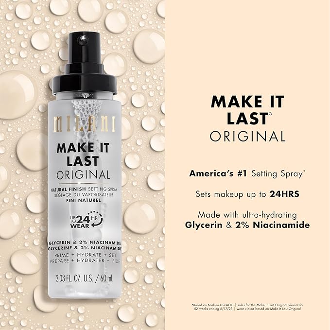 Milani Setting Spray + Primer Make It Last Original - Natural Finish with Niacinamide for Hydration &amp Make It Last Matte- Oil Absorbing Charcoal Formula to Control Shine - 2 Pack