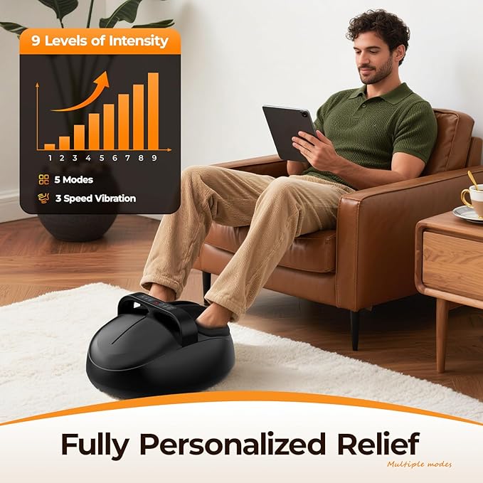 Foot Massager with Heat - Shiatsu Kneading Rolling 5 Massage Modes with 9 Adjustable Intensity Fits Up to Size 13 Home Office Relaxation Gift for Women and Man