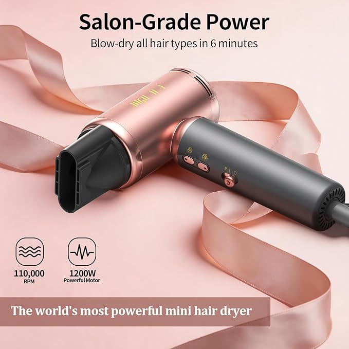 Dual Voltage(100~250V) Travel Mini Hair Dryer with European Plug Adapter for International Travel 110000 RPM High-Speed Portable Hair Dryer with Concentrator Nozzles
