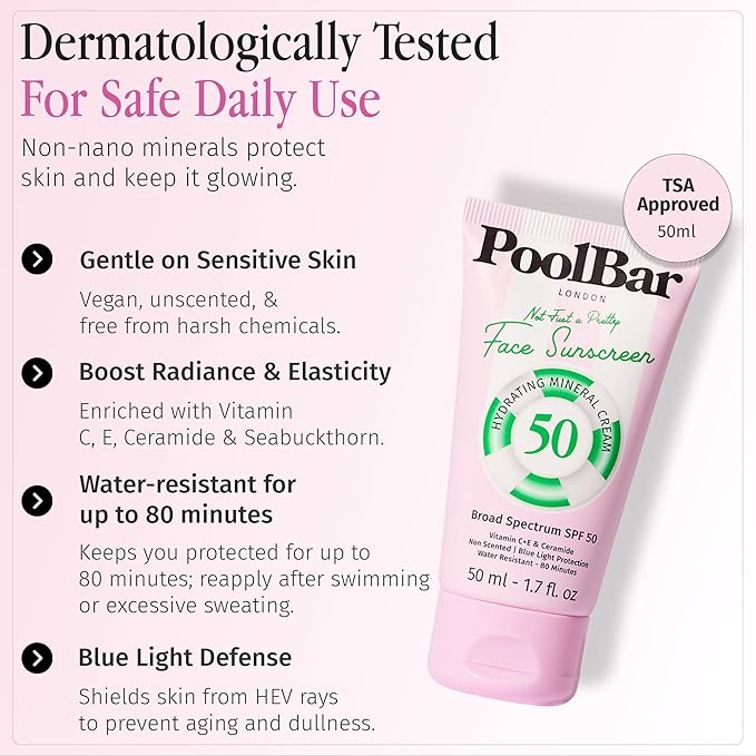 PoolBar Mineral Face Sunscreen Cream for Women and Men Sun Care SPF 50 Hydrating Mineral Vitamin C E and Ceramide Non Scented Water Resistant Sunscreen Blue Light Protection - 50ml (Pack of 3)