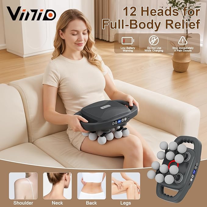 Vinid Cordless Neck and Back Massager with Heat 12 Professional Massage Heads 30 Adjustable Intensity Levels 3 Massage Modes for Deep Tissue Relief Includes Bonus 4 Heads &amp Shoulder Strap