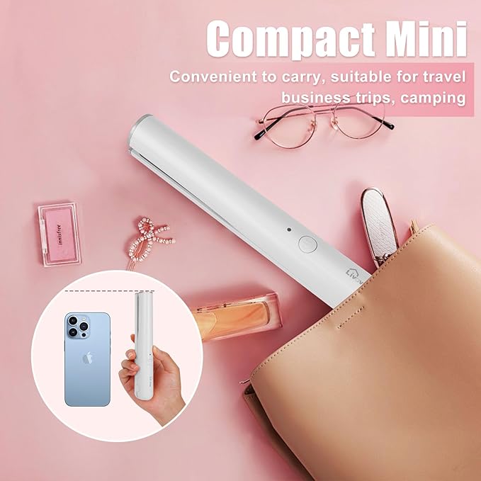 Mini Portable Cordless Hair StraightenerUSB RechargeableRapid Heating can Work continuously for 40 MinutesWireless Curling Iron for Travel (White)