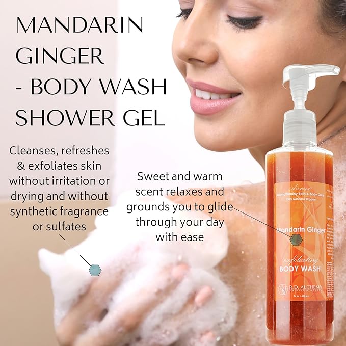 RD Alchemy - 98% Natural &amp Organic Mandarin Ginger Body Wash Shower Gel - Sweet and Warm Scent to Relax and Ground while Cleansing Exfoliating and Renewing