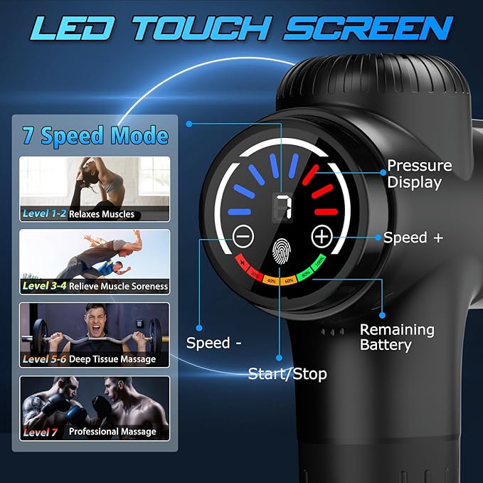 TOLOCO Massage Gun Deep Tissue Percussion Massage Gun with 10 Replacement Heads Super Quiet Portable Electric Massager for Athletes Relax Black
