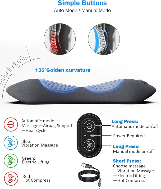 Smooth Triple Fusion Back MassagerElectric Lumbar Support Pillow with Heat &ampVibrationAir Lift Technology Ergonomic Memory Foam Spine Back Massager for Lower Back Tension Relief