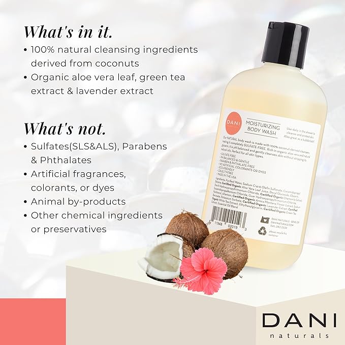 DANI Naturals Moisturizing Body Wash - Tropical Coconut Hibiscus Scent with Organic Aloe Vera &amp Natural Glycerin - Paraben &amp Sulfate-Free Shower Gel - 12 oz - Vegan &amp Cruelty-Free