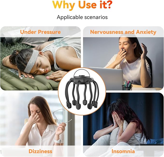 Electric Scalp Massager Head Massager Scalp Stress Relax Kneading Hair Massage with 3 Modes 360 Degree Hair Massager Cordless Portable Head Scratcher for Stress Relax