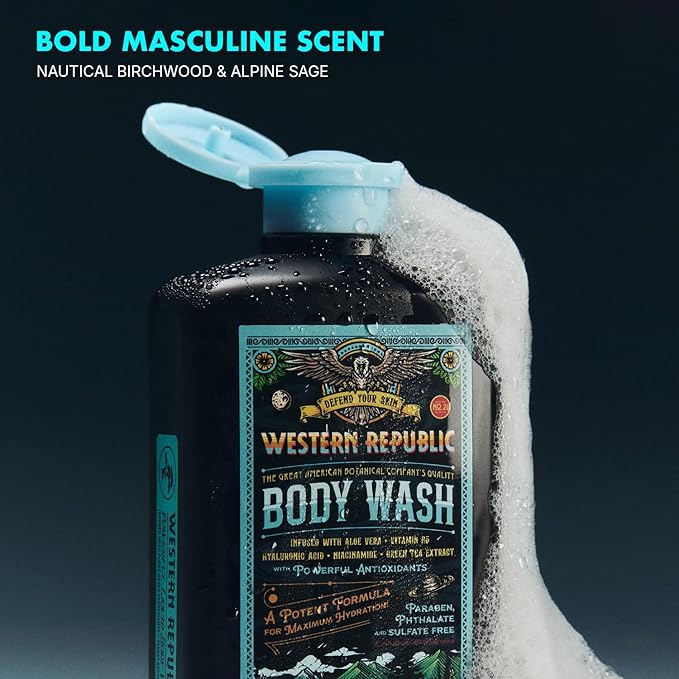 Men's Body Wash | Nautical Birchwood &amp Alpine Sage Scent and | Hydrating &amp Anti-Aging Formula with Aloe Niacinamide &amp Hyaluronic Acid (2 Pack) | Made in USA